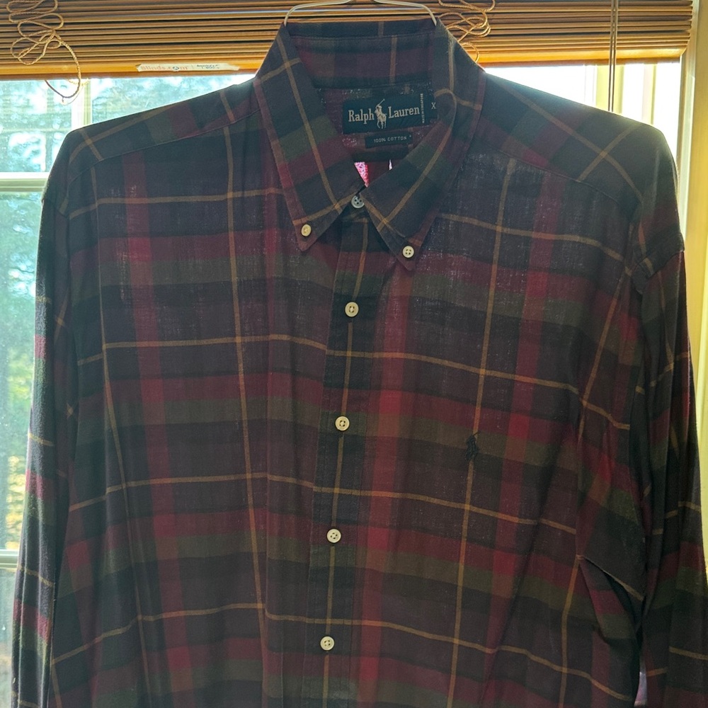 Ralph Lauren Men's Plaid Shirt - Burgundy and Olive